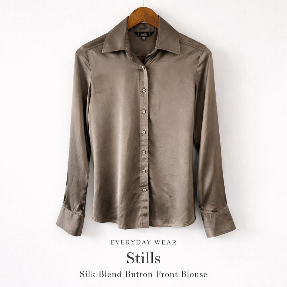 Stills 100% Silk Blend Button Front Blouse Taupe Satin EU36 FR38 US6
